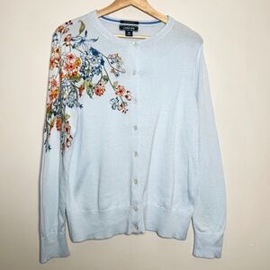 Lands’ End Blue Button-front Cardigan w Multicolored Floral Embroidery Sz M